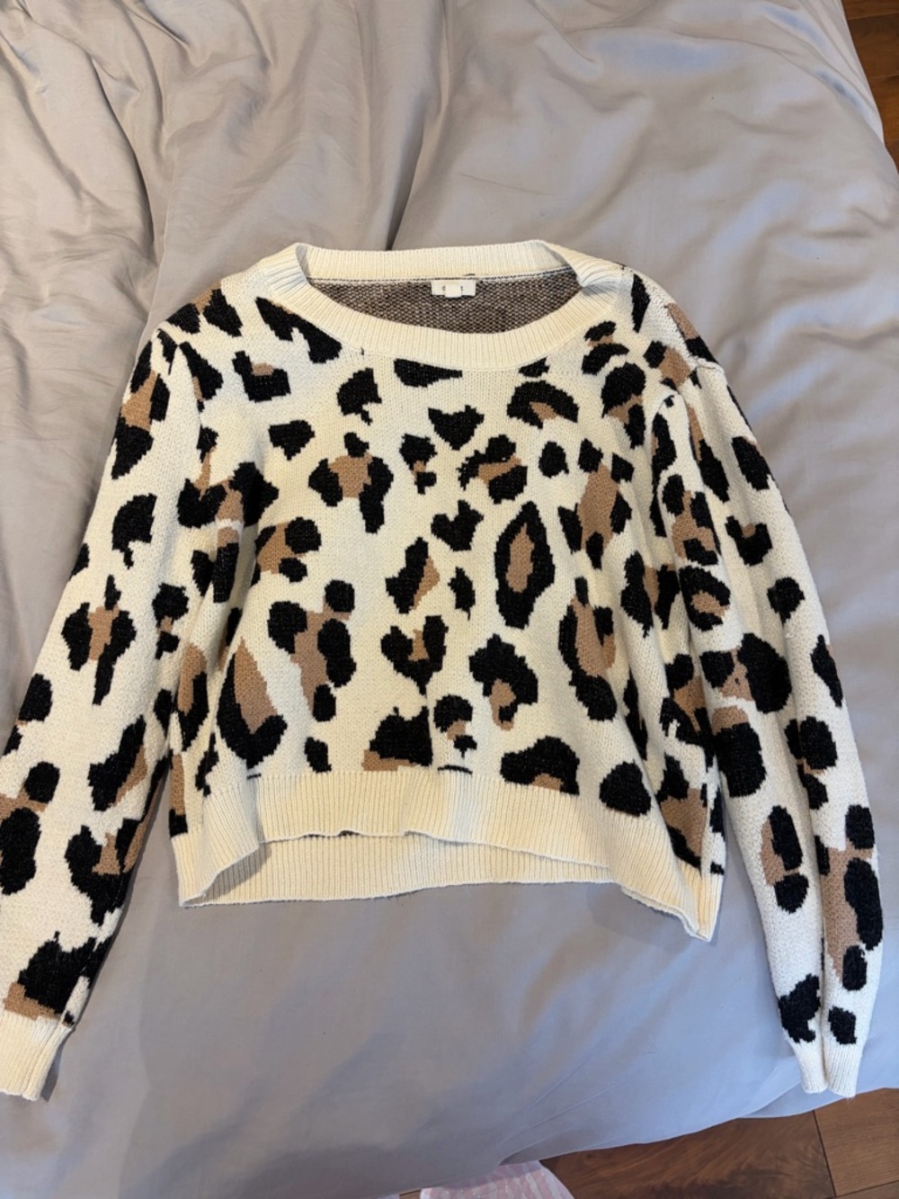 debut Cream Leopard Print Crewneck Sweater with Black & Tan Spots
